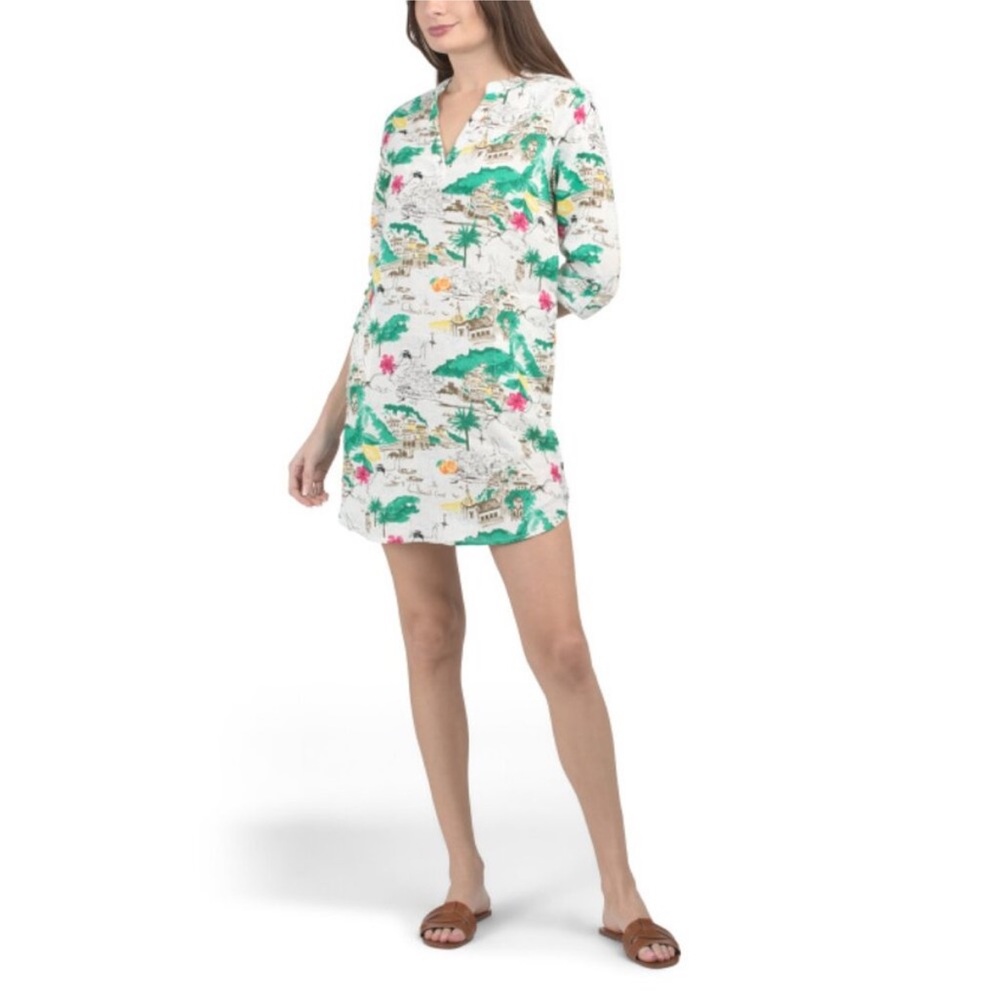 NWT CYNTHIA ROWLEY Curve Linen Amalfi Coast Print Tab Sleeve Mini Shirt Dress 1X
